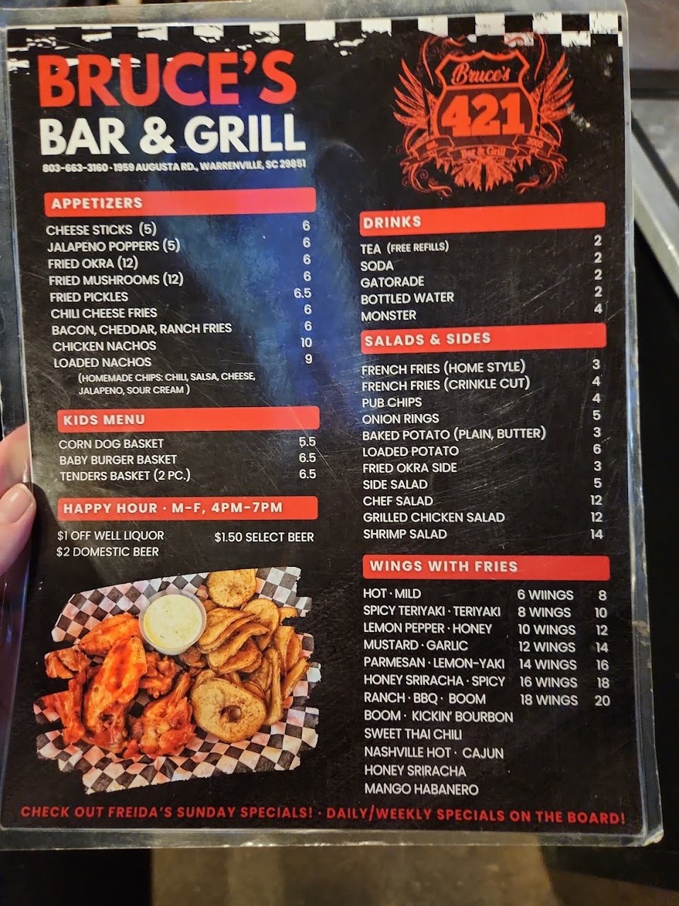 Drinks menu beside classic bar fare.